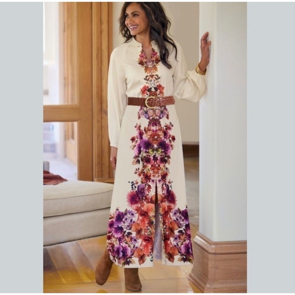 Soft Surroundings Cream Maxi Dress with Purple & Orange Floral Panel